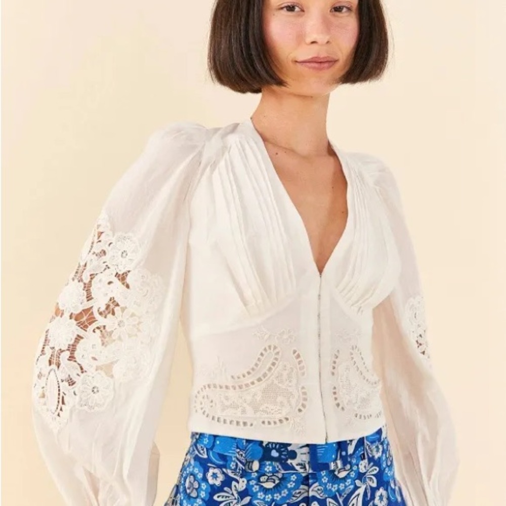 FARM RIO White Embroidered Women's Floral Lace Sleeve Blouse